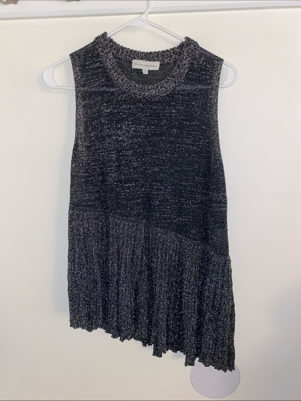 White + Warren Black Metallic Knit Tank with Asymmetrical Pleated Hem